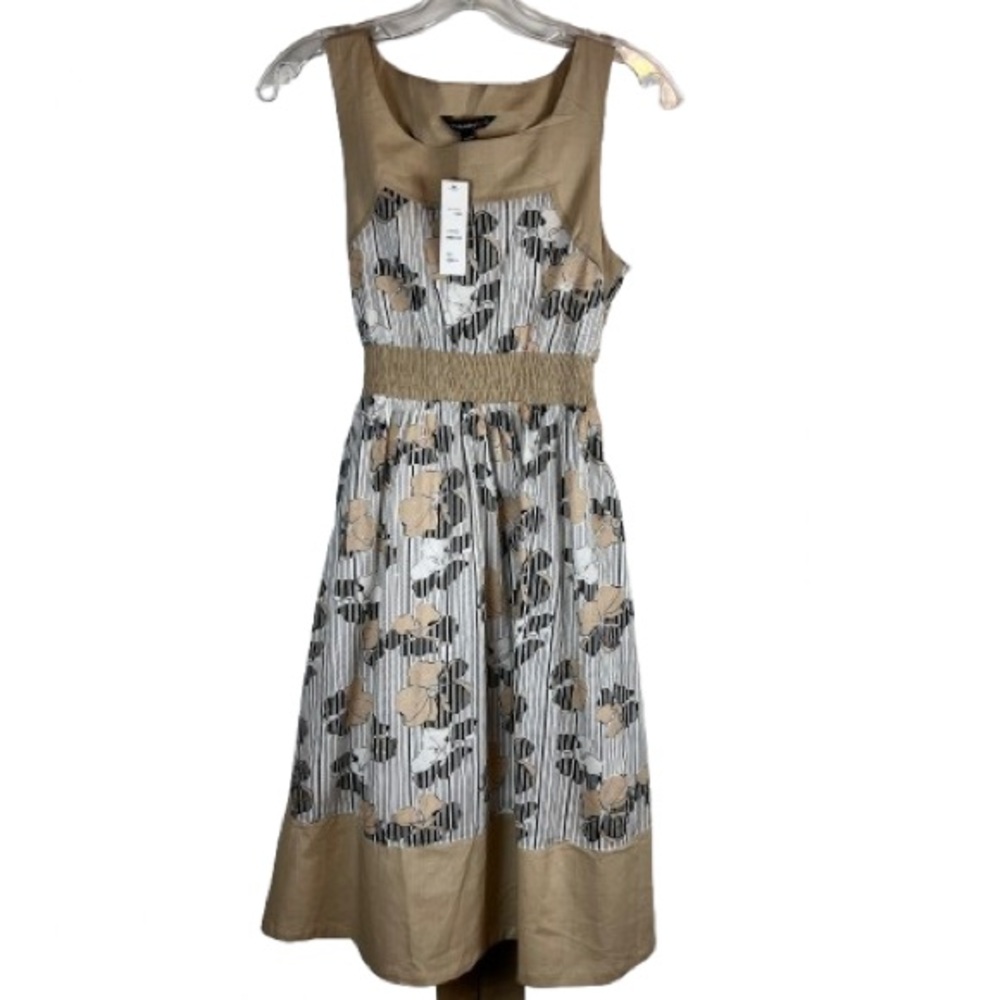 Chaudry KC Floral Stripe Sleeveless Midi Dress Beige Black White Size Small NWT